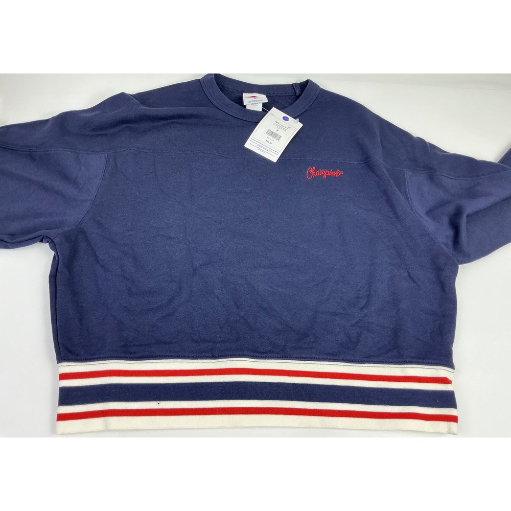 Champion Elective Cropped Crew Neck Sweatshirt Red White Stripe Navy Med Warm